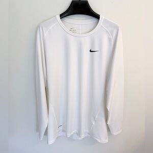 Nike Mens White Long-Sleeve Dri-FIT Athletic Tee with Black Swoosh